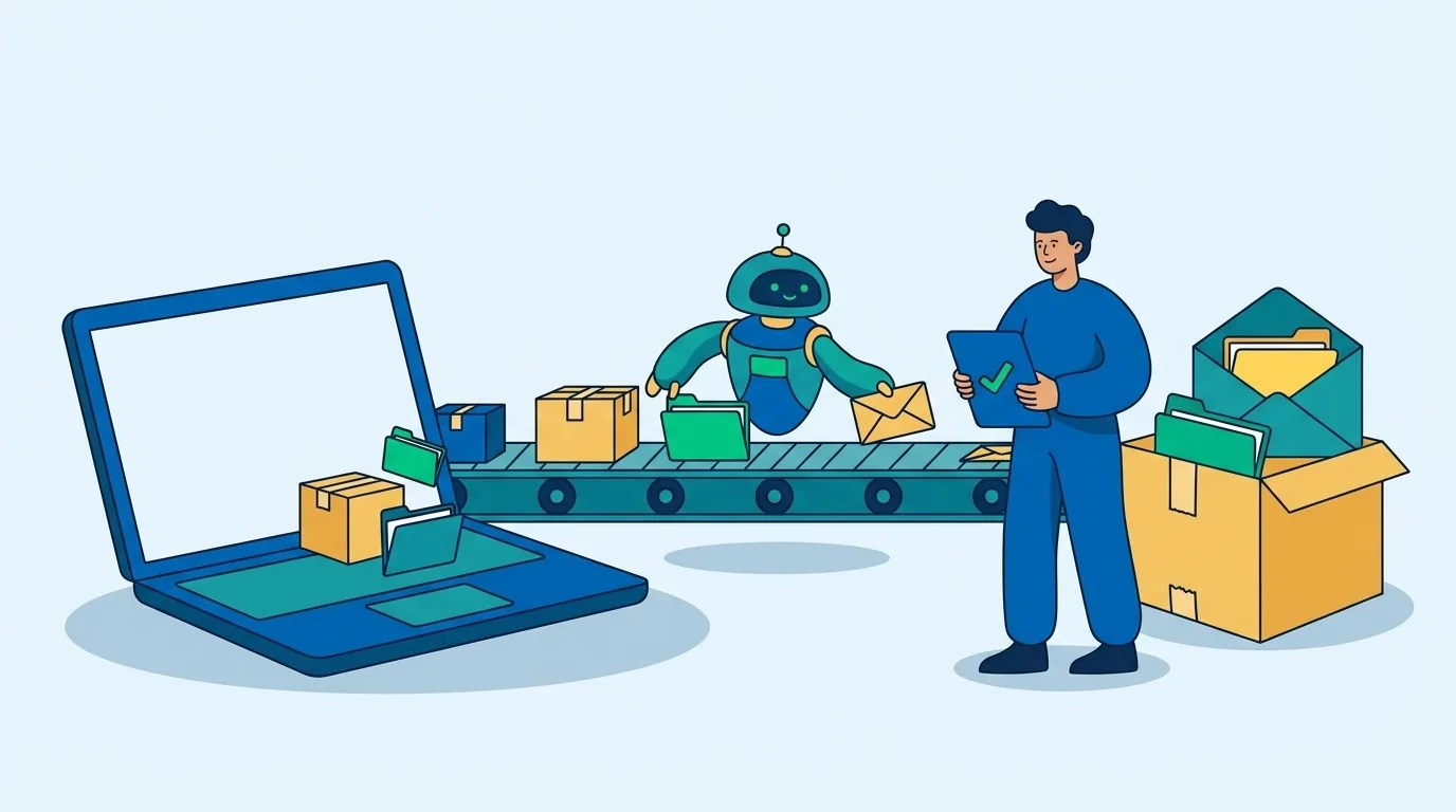 Un piccolo robot sposta pacchi, buste e cartelle su un nastro trasportatore tra un portatile e uno scatolone, una persona supervisiona con un tablet