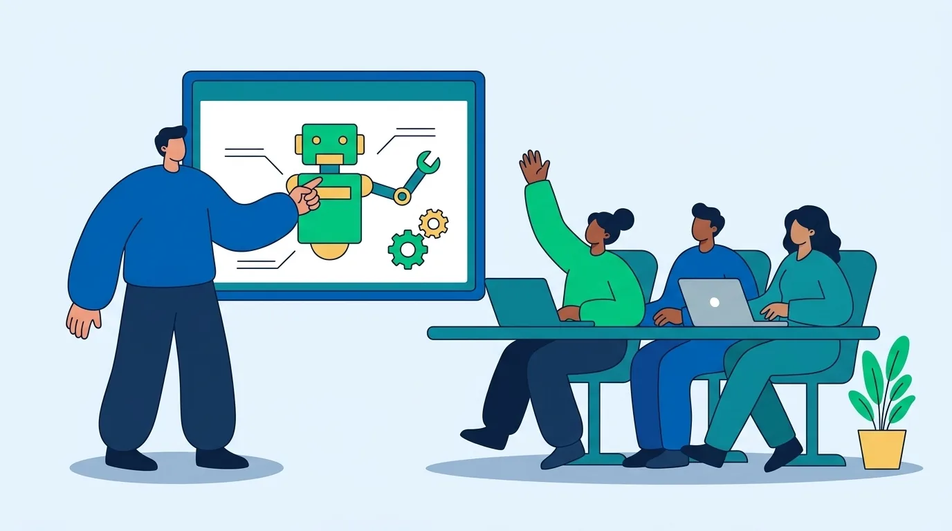 Un formatore indica uno schermo con lo schema di un robot, un piccolo gruppo di dipendenti seduti con i portatili, una alza la mano