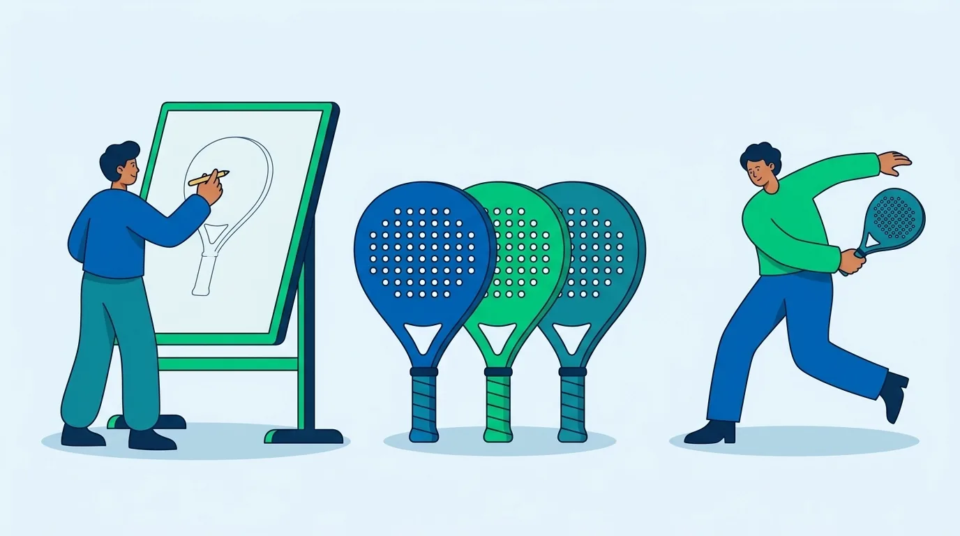 Tre grandi racchette da padel di colori diversi, un progettista disegna la sagoma di una racchetta su una lavagna, un giocatore ne prova una
