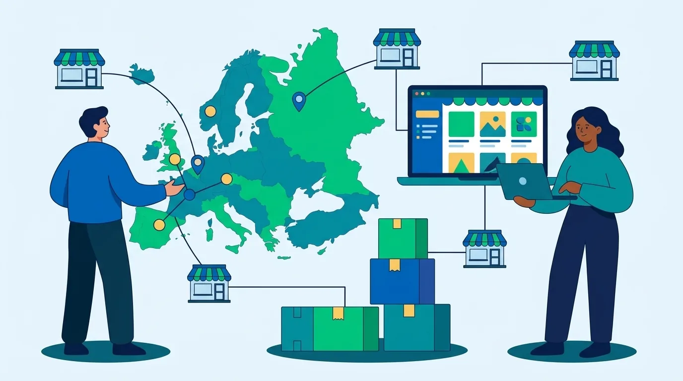 Una persona collega con delle linee una mappa d'Europa a piccoli negozi, una collega con il portatile su un negozio online, accanto scatole di prodotti