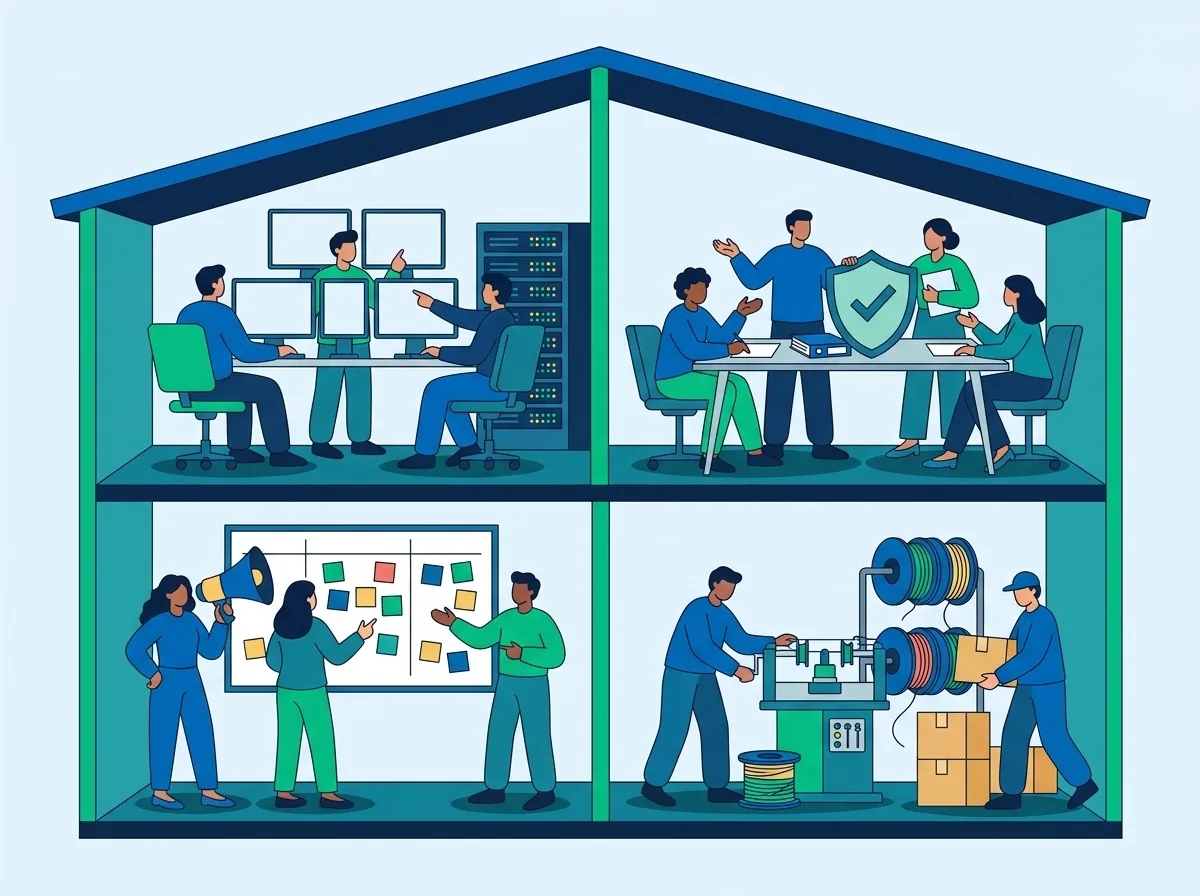 La sede Vige in sezione: quattro stanze con team diversi, sviluppatori ai computer accanto ai server, consulenti al tavolo con documenti e scudo, team marketing davanti a una lavagna, produzione con macchina per le corde e bobine