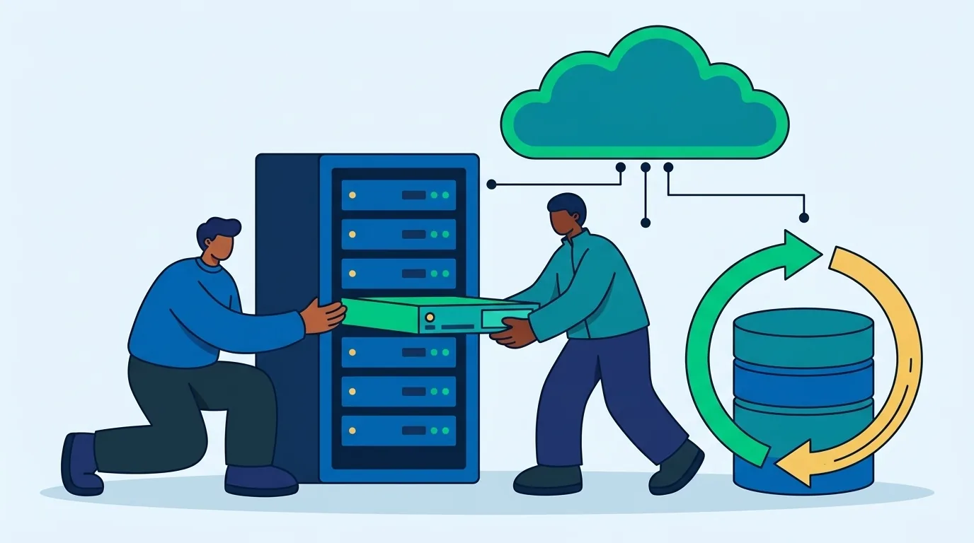 Due tecnici inseriscono un server nel rack, sopra un cloud collegato ai server e accanto una pila di dischi di backup con una freccia circolare