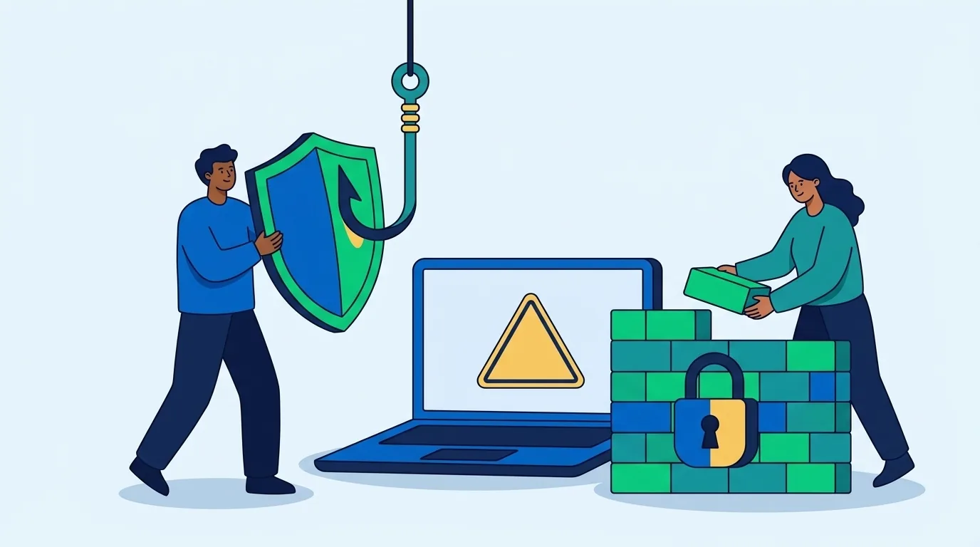 Una persona para con uno scudo un amo da phishing gigante, una collega costruisce un muro di mattoni con un lucchetto, al centro un portatile con un triangolo di avviso