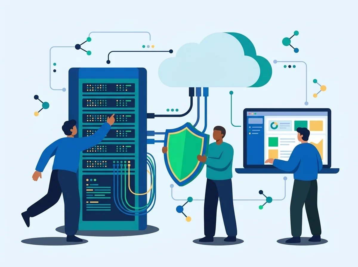 Un sistemista al rack dei server, un collega con uno scudo davanti a un cloud collegato ai server, una terza persona controlla un cruscotto di monitoraggio sul portatile