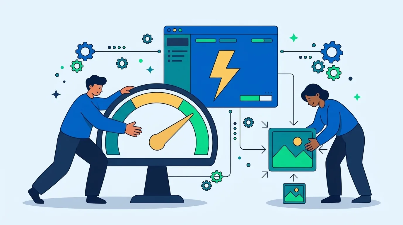 Una persona spinge la lancetta di un tachimetro gigante verso il verde, una collega comprime un'immagine, sopra una finestra del browser con un fulmine