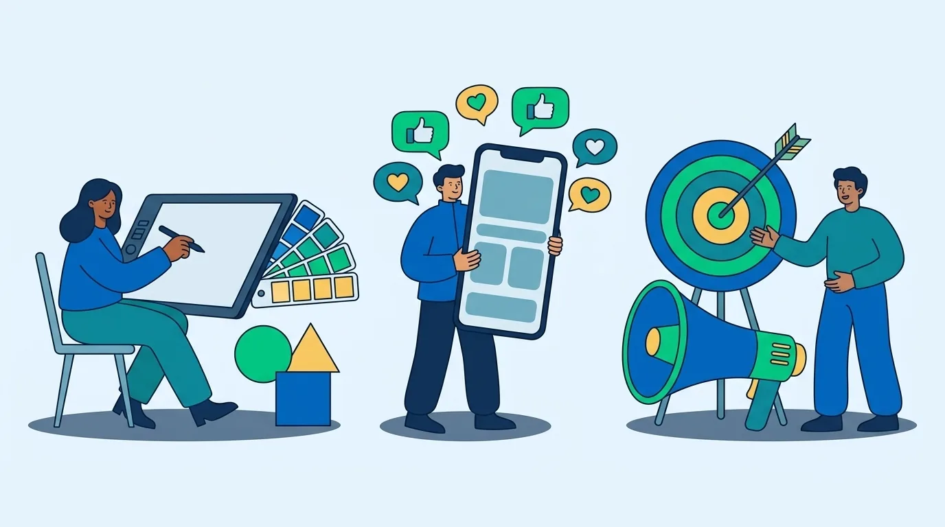 Tre scene di marketing: una grafica alla tavoletta con campioni colore, una persona con uno smartphone gigante tra cuori e like, una persona con megafono accanto a un bersaglio centrato