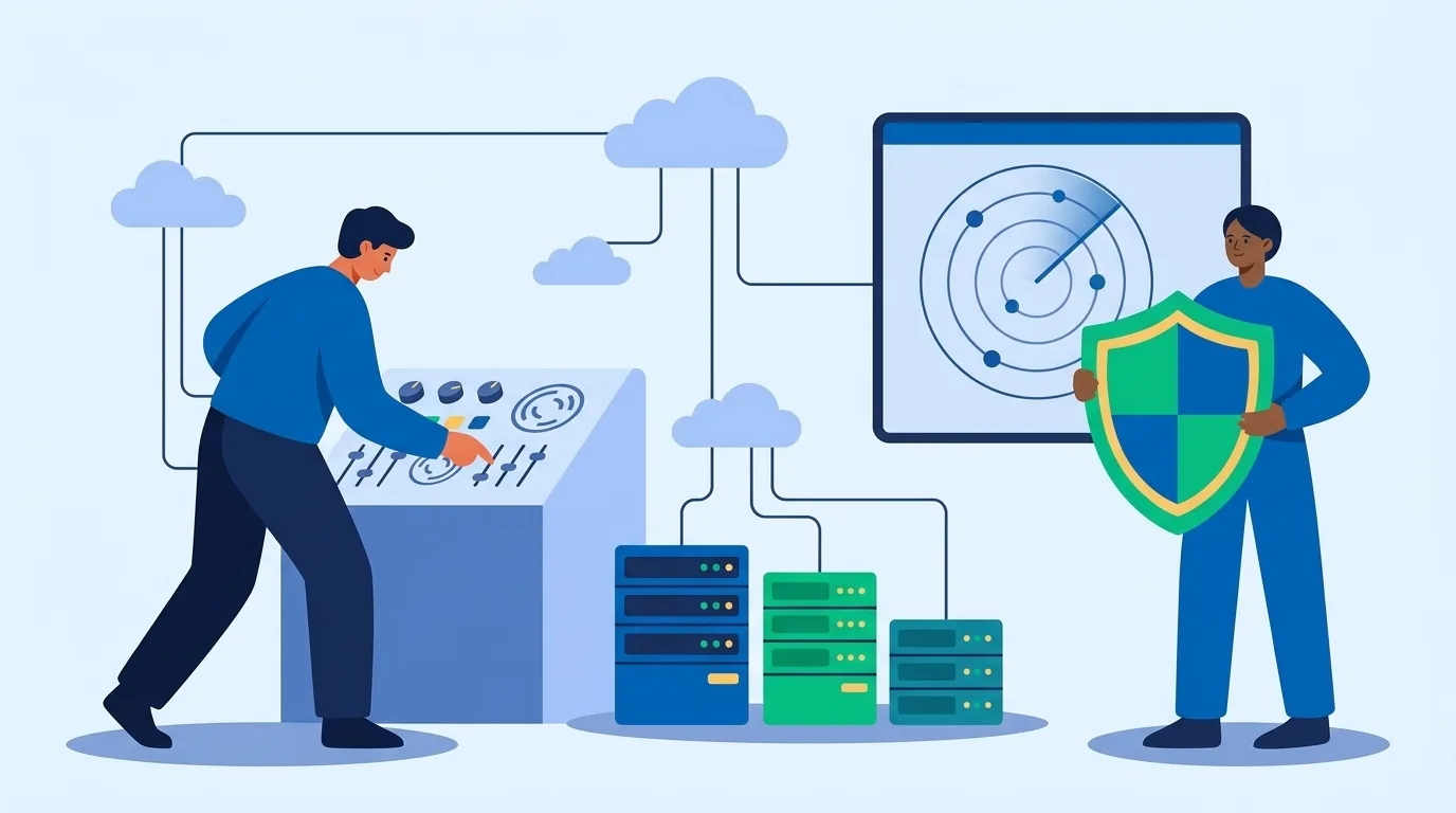 Una persona a una console di controllo che sorveglia cloud e server, una collega con un grande scudo accanto a uno schermo radar