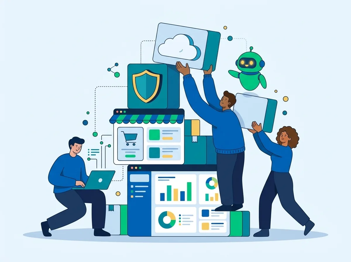 Un team costruisce una torre di finestre di applicazioni come blocchi: cruscotto, negozio online, cloud, scudo e un piccolo robot
